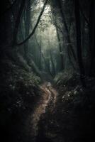 Dark forest, with a path in the middle, horror ambient, trees on the side. photo