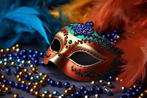 Venetian carnival mask and beads decoration. Mardi gras background. photo