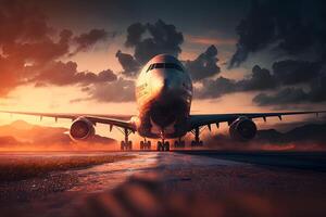 Sunset view of airplane on airport runway under dramatic sky. Neural network photo