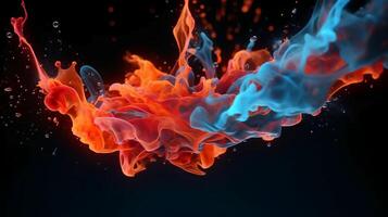 Paint drop. Ink water. Cold flame. Burning ice. Red orange blue color gradient glowing glitter fluid splash on dark black abstract art background. photo