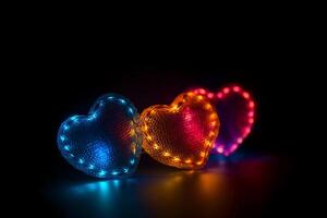 Valentine day background. Love light. Romantic ornament. Yellow round led string neon red blue color blur heart glow festive pattern on defocused dark. photo