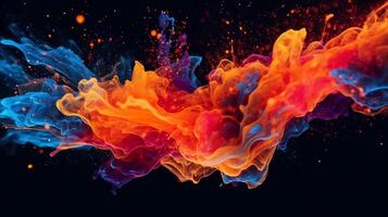 Paint drop. Ink water. Cold flame. Burning ice. Red orange blue color gradient glowing glitter fluid splash on dark black abstract art background. photo