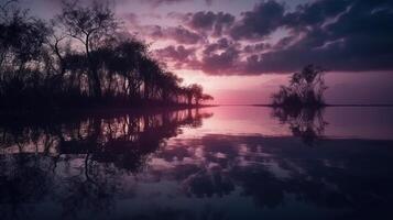 un escena en cuales el todo púrpura cielo es reflejado en el agua. ai generativo foto