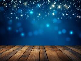 Winter snowy stage background with wooden flooring and Christmas lights on blue background, banner format, copy space. photo