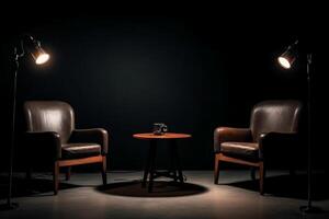 Two chairs and spotlights in podcast or interview room on dark background. photo