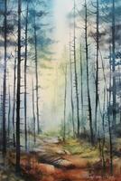 A watercolor painting of a misty forest, tranquil, deep, fairy tale vibe, simple watercolor style with few details, semi abstract. photo