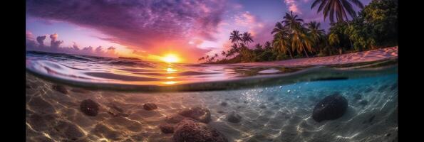 Photograph of beautiful inviting beach scene with purple sunset sky. photo