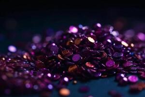 Sparkling Glitter abstract background dark purple saturated color, de - focused, macro. Sequins fall and sparkle, round bokeh. photo