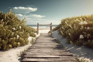 fotorrealista foto de un de madera camino a el playa. azul cielo. plam árboles, floral Boda arco blanco flores ai generativo