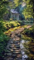 Luminous granite stepping stones leading to cottage in middle of pond. photo