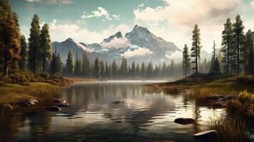 lago con montañas y arboles ai generativo foto