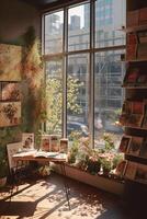 A photo of photobooks next to a big window.