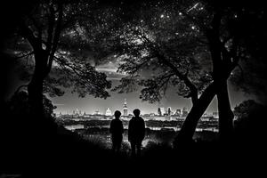 Silhouettes of two stargazing woman saying goodby, surrounded by trees and the contour of london city in the background. photo