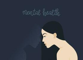 Mental health. Thoughtful woman. Psychology of Personality. Harmony with yourself. Vector flat illustration.