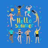 Hello summer. Summer beach with happy young people jumping. Isolated vector flat illustration on blue background