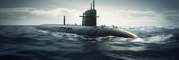 genérico militar nuclear submarino flotante en el medio de el océano. ai generativo foto