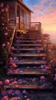the stairs of a wooden house with 1000 roses on it, in the style of light pink and white, sunset, a busy city and beach in the distance. photo
