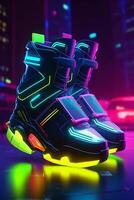 Futuristic neon sneakers with cyberpunk influence. photo