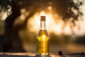 Golden olive oil bottle on wooden table olive field in morning sunshine. AI Generative photo