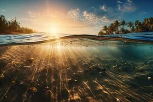 Photograph of beautiful inviting beach scene with sunset sky. photo