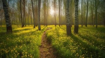 Birch grove in spring on sunny day with beautiful carpet of juicy green young grass and dandelions in rays of sunlight, photo