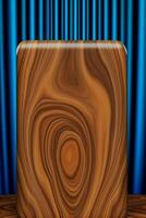 Brown wood grain podium with blue pattern background, front view. photo