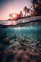 Photograph of beautiful inviting beach scene with pink sunset sky. photo