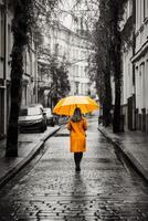 amarillo paraguas en mano de mujer caminando en un incoloro calle. ai generativo foto