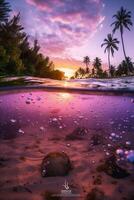 Photograph of beautiful inviting beach scene with purple sunset sky. photo