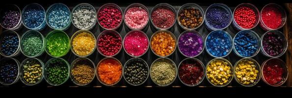 top view, aerial view, bowls of gemstones of the color of the rainbow. photo