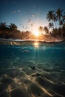 Photograph of beautiful inviting beach scene with sunset sky. photo