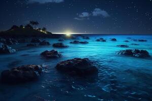 Ocean shore at night, the water is full of dinoflagellates, glowing with millions bright blue neon glow in the dark tiny dots. photo