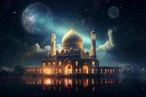 The mosque, Kareem lantern, Blurred star in night sky background, Eid al adha concept. photo