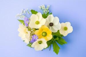 Spring flowers on blue yellow pastel background top view in flat lay style. photo