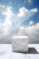 Marble table, white sky wall, grunge cloud texture background, soft blur product display poster design. photo