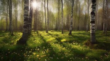 Birch grove in spring on sunny day with beautiful carpet of juicy green young grass and dandelions in rays of sunlight, photo