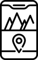 Black Line Art Illustration of Mountain with Map Pin in Smartphone Screen Icon. vector