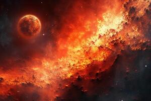 Abstract fancy red orange fire, sun light planet surface, grunge texture, fantasy galaxy background. photo