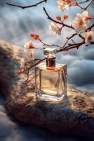 Still life photography, transparent perfume bottle in the center, stones, branches, flowers. AI generative photo