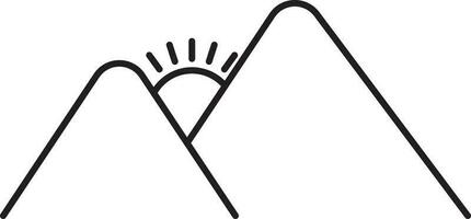Mountain With Sun Icon In Black Line Art. vector