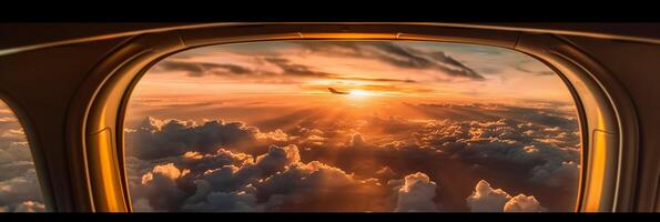 el ver desde el avión ventana a el puesta de sol. aéreo vista. ai generativo foto