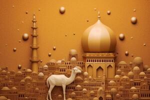 Ochre color background paper texture, Eid al adha mosque, lamb, kareem lantern painting at the top left and bottom right. photo