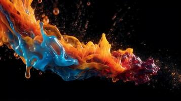 Paint drop. Ink water. Cold flame. Burning ice. Red orange blue color gradient glowing glitter fluid splash on dark black abstract art background. photo