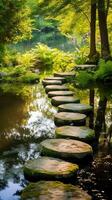 Luminous granite stepping stones leading to cottage in middle of pond. photo
