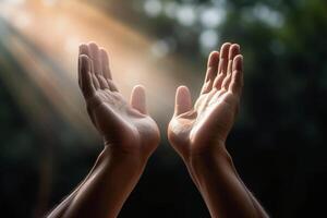 humano manos abierto palma arriba Adoración con fe en religión y creencia en Dios en bendición antecedentes. ai generativo foto