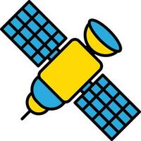 satélite icono o símbolo en azul y amarillo color. vector