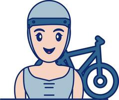 Cheerful Girl With Bicycle Icon In Blue And Peach Color. vector