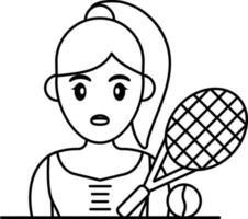 Tennis Player Woman Icon In Black Line Art. vector