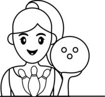 Young Girl Holding Ball And Bowling Pin Icon In Black Outline. vector