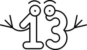 Cartoon Character Thirteen Number Icon in Black Line Art. vector